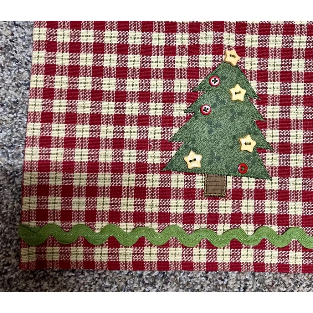 Christmas Tree Table Runner Red Checked Embroidered Country‎ Farmhouse Decor